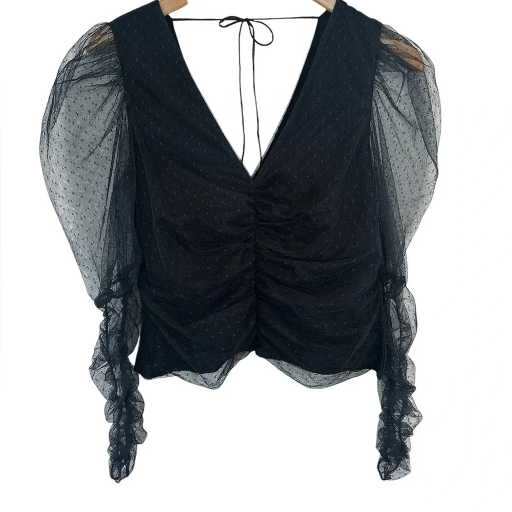 Anthropologie Maeve Sheer Puff Sleeve Polkadot Top in Black